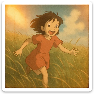 style of anime, 8mm film, gritty, the image shows a young girl running in a field of tall beach grass, light leaks, overexposed, nostalgic feel sticker