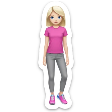 beautiful girl with fair hair, blue eyes, in a vivid pink shirt, grey jeans and white trainers sticker