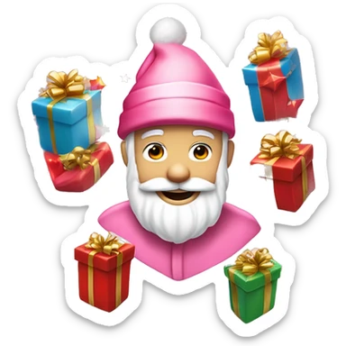 ￼ Santa Claus carried by pink elves surrounded by bright gifts with neide and red stars sticker