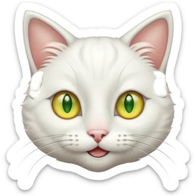 Realizar emoticonon de gato blanco con tonos gris claro solo carita sonriendo muy feliz ojos grandes de color verde con amarillos sus hijos  y bigotes largos  sticker