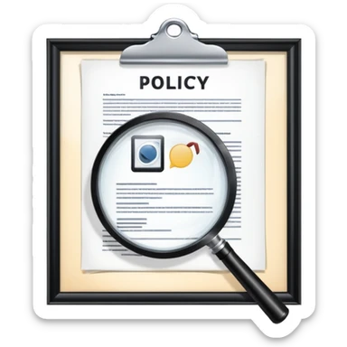 Ads policy document with a magnifying glass examining it sticker