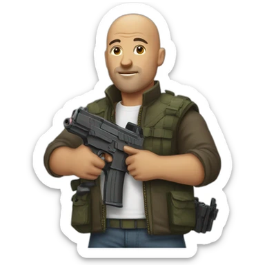 bald man with a gun and a dog sticker