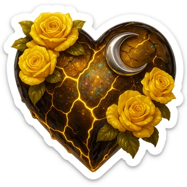 Edit the gothic heart to have cracked deep yellow glass, a silver crescent moon, yellow roses, shimmering holographic stardust, neon lightning accents, and a glossy wet appearance. Keep the background transparent. The style should maintain the gothic heart's original aesthetic with these new elements. sticker