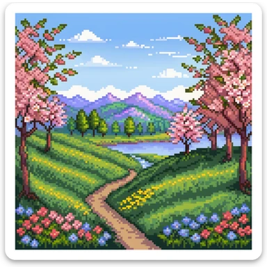 Spring landscape with blooming cherry trees, colorful flowers, and green grass sticker