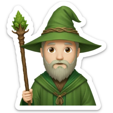 Forest Wizard – green robe, wooden staff, leafy beard sticker