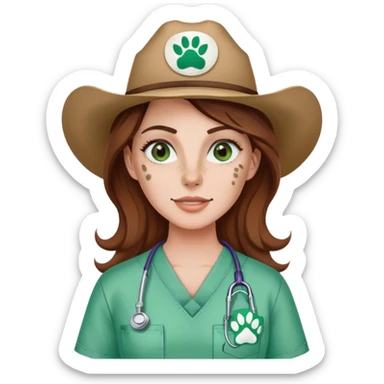 Pale Woman with brown hair and green eyes and freckles on her cheek bones wearing scrubs that have a paw print logo on only the scrubs  and a cow girl hat sticker