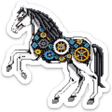 Horse constructed from mechanical parts, gears, cogs, wires, and ropes, steampunk aesthetic sticker