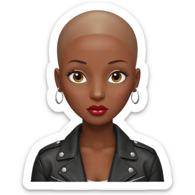 Gorgeous woman shiny , shaved half head no eyebrows leather jacket Alluring black woman wide nose bald head big glossy lips sticker