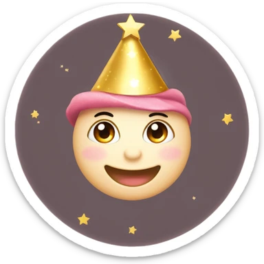 Happy face emoji: A round face, big warm smile, sparkling moon eyes. Eyebrows arched to express good humor, little gold stars near the eyes for a magical touch. Colored party hat slightly askew, rosy cheeks for a cute effect. WHITE ET ONLY A FACE sticker