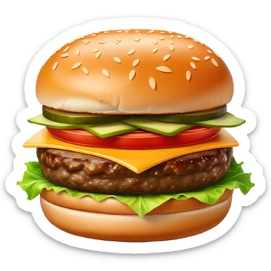 Cinematic juicy cheeseburger, perfectly grilled patty, melted cheese, crisp lettuce, tomatoes, and pickles, soft sesame seed bun, glossy and rich, warm glowing background, ultra-detailed and appetizing. sticker