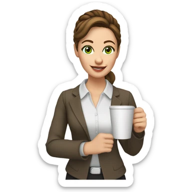 a female teacher who has natural green eyes brown hair and pale skin. she likes her hair in a bun. She loves coffee so much. Make the scenery in a classroom. she is a teacher and her hair is in a bun. she is holding a coffee
 sticker