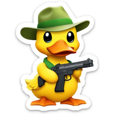 Create a cute yellow duck wearing a hat with the Polyhedra Network logo. The duck is holding a playful toy gun, with a cheerful expression. The style should be colorful and adorable, emphasizing a friendly and fun vibe.  sticker