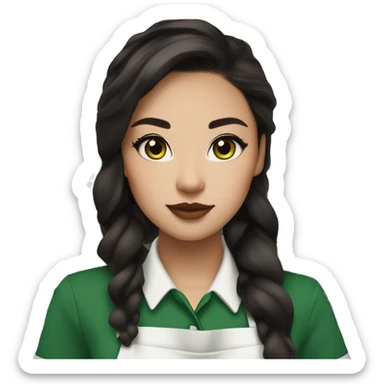 Beautiful and fashionable half white half asian starbucks barista with green apron, long dark brown hair and cat eye makeup and light glossy lips and blush sticker