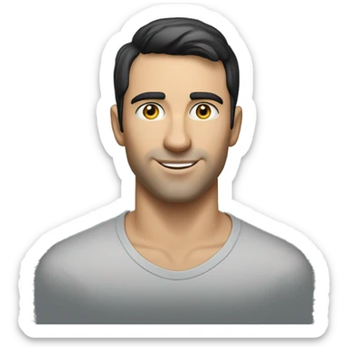 A head and shoulders shot of a 30 year old caucasian man with black short hair wearing a tshirt. sticker