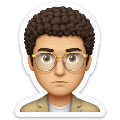 Square-faced man with thick eyebrows, short dark curly hair, slight scruff, serious expression, large square gold-rimmed glasses sticker