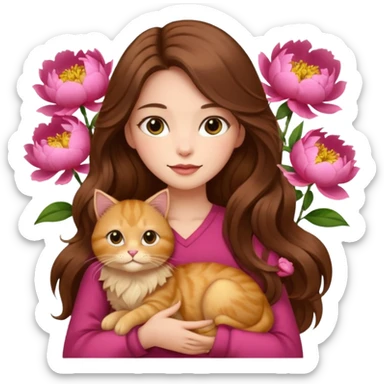 pretty woman a long hair brown color holding a cat fluffy golden in a peony sticker