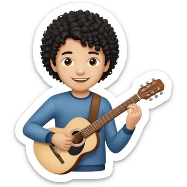 A boy with black fade curly hair Smiling and holdijg a guitar  sticker