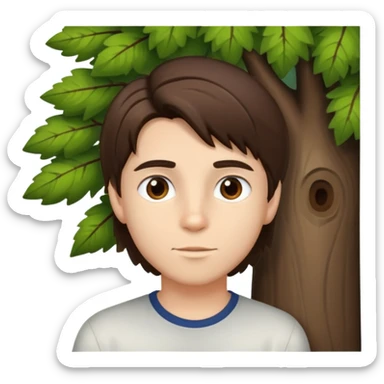 boy with straight brunette hair brown eyes and tree behind sticker