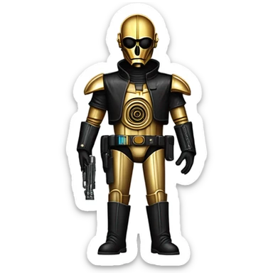 battle rough and tough bounty hunter c3Po wearing Satan’s leather outfit with guns and flat-brimmed hat on head. walking sticker