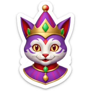 crazy colorful cute little cat jolly joker from poker, medieval, vintage, court jester, mac os icon, purple and red color, gold inserts, half body sticker