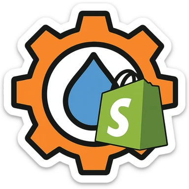 Add a Shopify bag icon to the logo, keeping the original style and colors, with a transparent background. The style of the logo should be preserved exactly as in the reference image. sticker