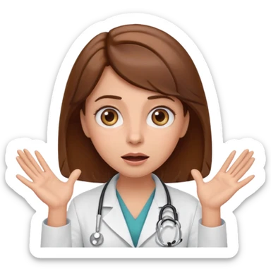 Surprised female doctor emoji with brown hair, both hands on her cheeks, big expressive eyes, clean emoji style sticker