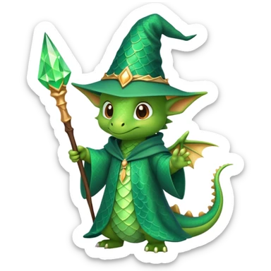 A cute dragon wearing a pointed wizard hat and robes, holding a magic wand sticker