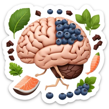 brain surrounded by healthy lifestyle choices, exercising, salmon, dark chocolate, blueberries, seeds, leafy greens . brain booster sticker