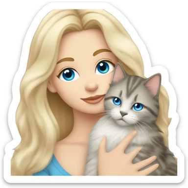 Pretty Blonde haired blue eyed woman snuggling a Siberian cat sticker
