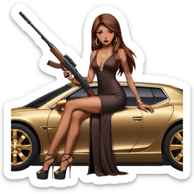 Lilith tan skinfemale red eyes symbol. Tattoo arms. Her hair is brown straight long hair.wearing sexy long elegant dress with slit. black stiletto thick platform high heels shoes on. Sitting on gold giant luxury car with cash inside . She is holding a sniper rifle in one hand cash in other hand sticker