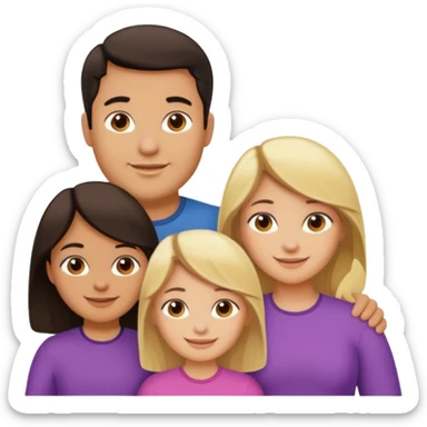 Familia de 4 personas sonriendo: Hombre gordito pelo oscuro, Mujer pelo cafe, hija 1 pelo mono e hija 2 pelo oscuro.sólo 4 personas. sticker
