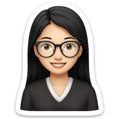 medium tan asian woman with long black hair past middle of back, round brown eyes, white v neck blouse. she has black  square frame glasses on and smiling with no teeth sticker