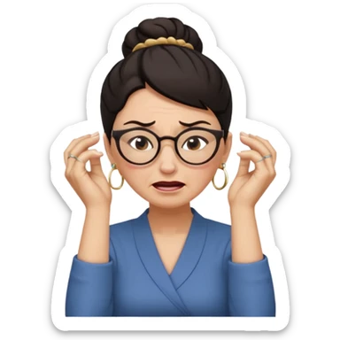  middle aged woman with dark hair pulled up in a high bun, wearing round ring earrings and glasses with a very painful expression on her face, eyes squeeed shut, wincing in pain,covering her ears with her hands, trying to not hear a terribly loud noise sticker
