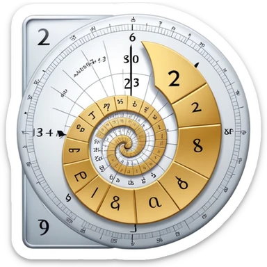 An icon featuring the golden ratio spiral, accompanied by mathematical equations and symbols. The design includes geometric shapes, a calculator, and a compass, symbolizing the study of numbers, patterns, and mathematical principles. Transparent background highlights the beauty of mathematics. sticker