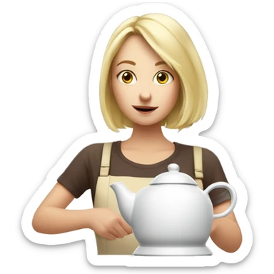 Blonde girl making tea with a white kettle she looks amazed sticker