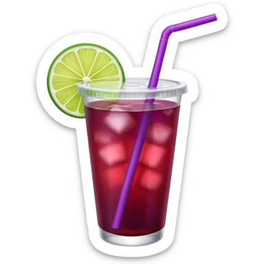 maroon purple cocktail with a lime in a plastic cup with lid and straw  sticker