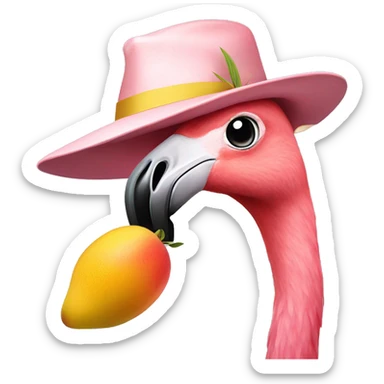 A flamingo eating mango with a arty hat in jos head sticker