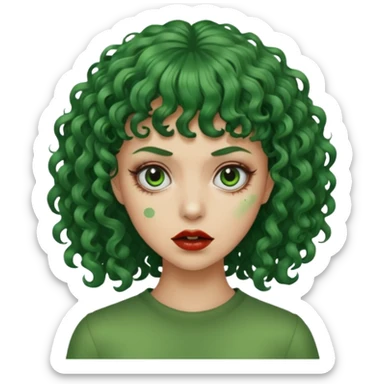 crie uma mulher, vibe total terror, mas ela com cabelo cacheado e franja, e pele verde sticker