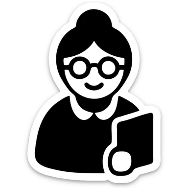elderly librarian granny, glasses, hair bun, book in hand sticker