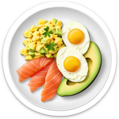 Breakfast plate with sliced avocado, scrambled-eggs and smoked salmon sticker
