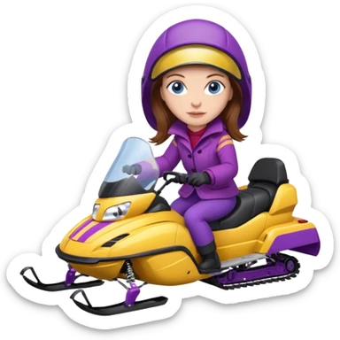 Brown hair, very blue eyes, Woman wearing a red coat  on purple and yellow striped snowmobile sticker