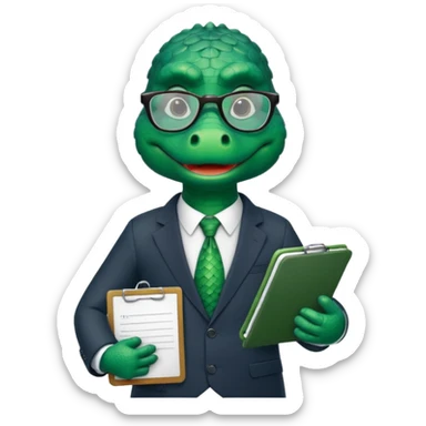 A cartoon alligator in a business suit with a clipboard and glasses sticker