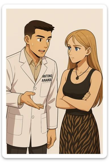 fai un webtoon/manga a colori con questo kinesiologo in camice bianco (fagli la scritta "ANTONIO ANANIA" SUL CAMICE) CHE PARLA CON QUESTA RAGAZZA CON GLI OCCHI AZZURRI. la ragazza gli fa una domanda e IL KINESIOLOGO CON IL CAMICE BIANCO LE risponde. NON FARE I FUMETTI, FAI SOLO LORO COME SE DIALOGASSERO sticker