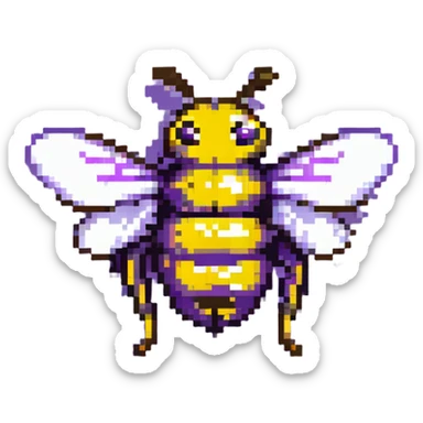 A pixelated bee with black and yellow stripes and wings sticker