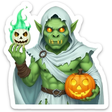 male orc warrior ghost emoji, green skin, tusks, wearing torn white ghost sheet costume, holding glowing jack-o'-lantern, faint blue aura, friendly but spooky expression, Halloween fantasy theme, Apple emoji style, clean white background, square sticker
