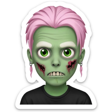 Zombie boy, green skin, white dreads medium long, pink eyes, black tshirt sticker