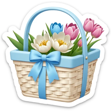A white Picnic basket with pastel blue bow, white peonie, tulips sticker