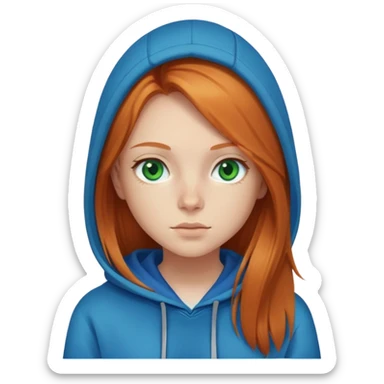 Create a emoji of a young girl with:

1) Ginger straight long hair
2) Green eyes
3) Blue hoodie sticker
