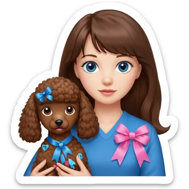 kobieta z długimi brązowymi włosami, z grzywką i niebieskie oczy trzyma na rękach brązowego pudelka z różową sticker