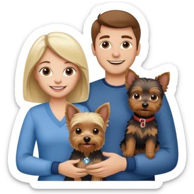 A woman with brown hair, man with white/blonde hair and a Yorkshire terrier dog they are a family  sticker